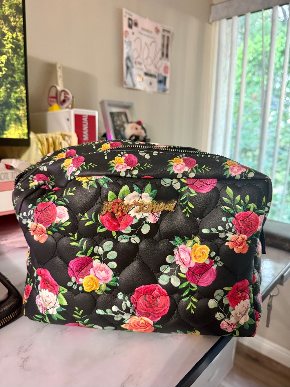 Betsey Johnson Black Quilted Floral Cosmetic Pouch